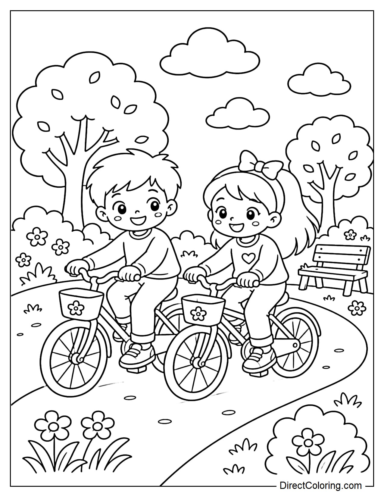 Two little friends ride their bikes side by side in the park. In the background are round trees, a small bench, and a few clouds.
