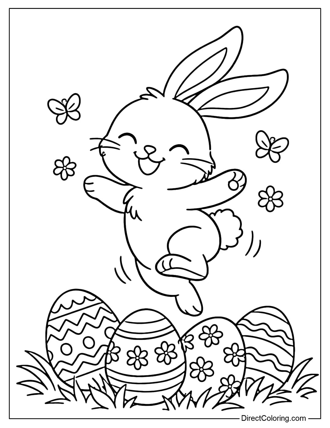 A coloring page of an Easter bunny jumping with its ears flying up, surrounded by several large eggs and grass.