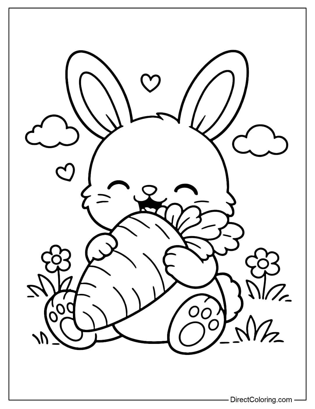A coloring page of a rabbit eating a large carrot, easy to color.