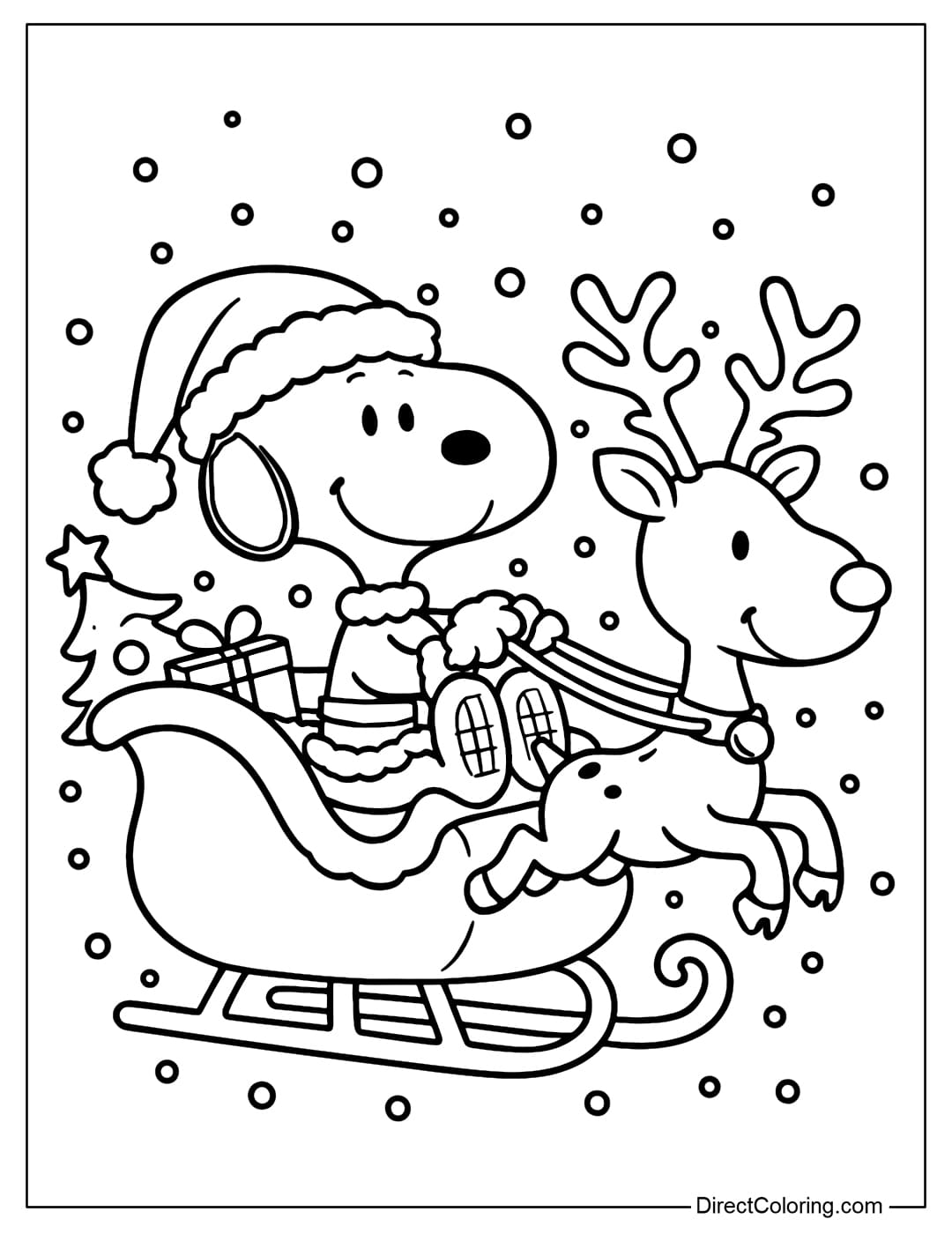 Coloring page featuring Snoopy dressed as Santa riding in a sleigh pulled by a happy reindeer through falling snow.