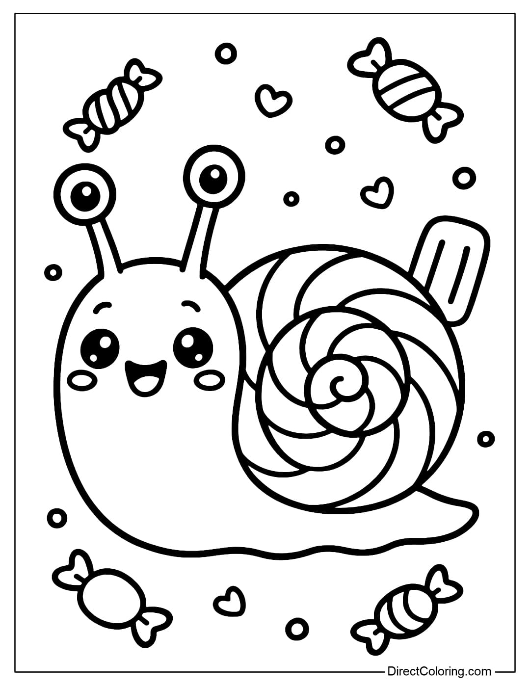 Coloring page of a cute snail with a twisted candy-shaped shell, surrounded by small candies and ice cream sticks.