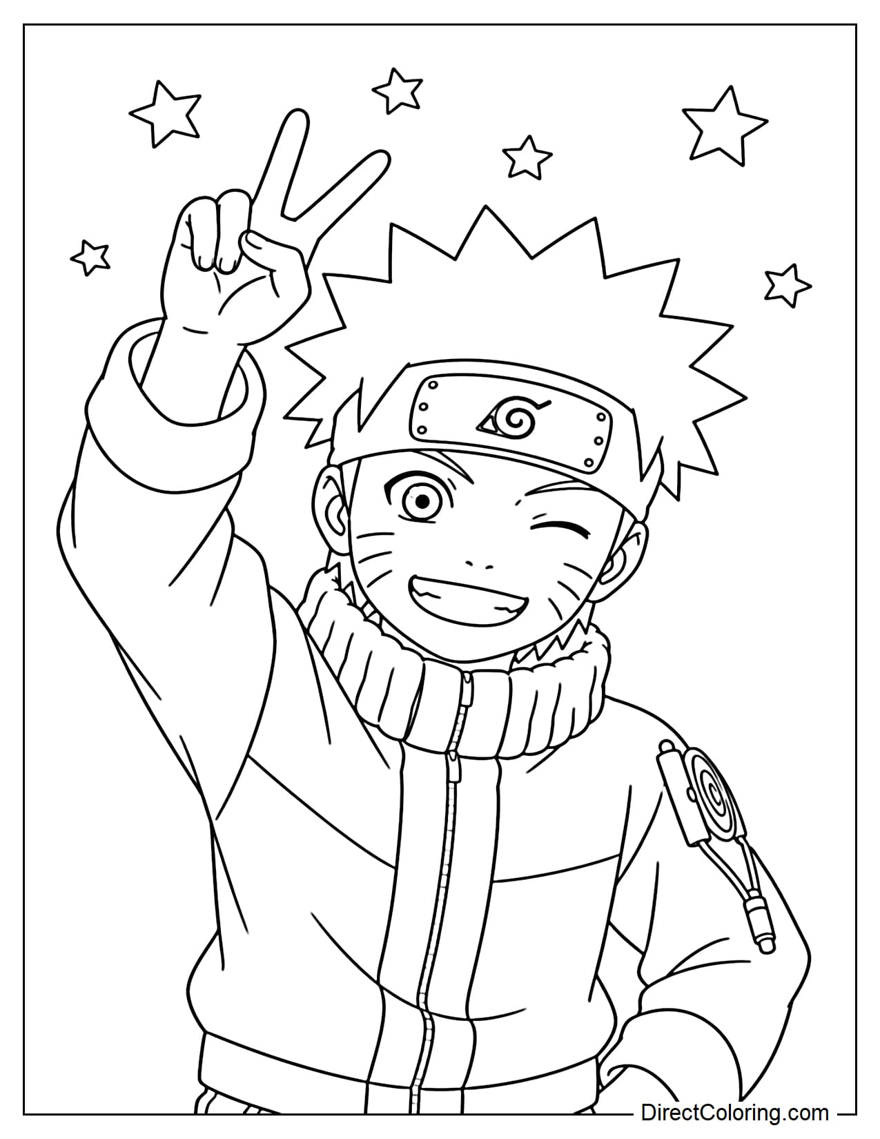 Naruto winks mischievously, one hand raised in a playful pose, with small stars above.