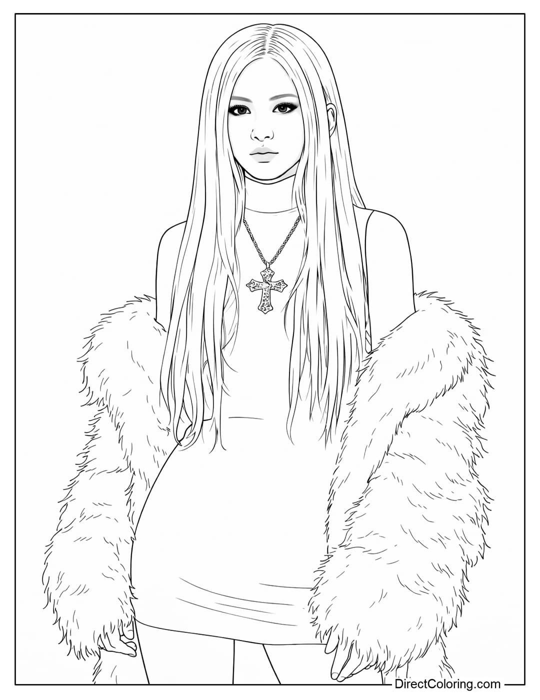 A coloring page of Rosé Blackpink wearing a form-fitting dress paired with a luxurious oversized fur coat and a cross necklace.