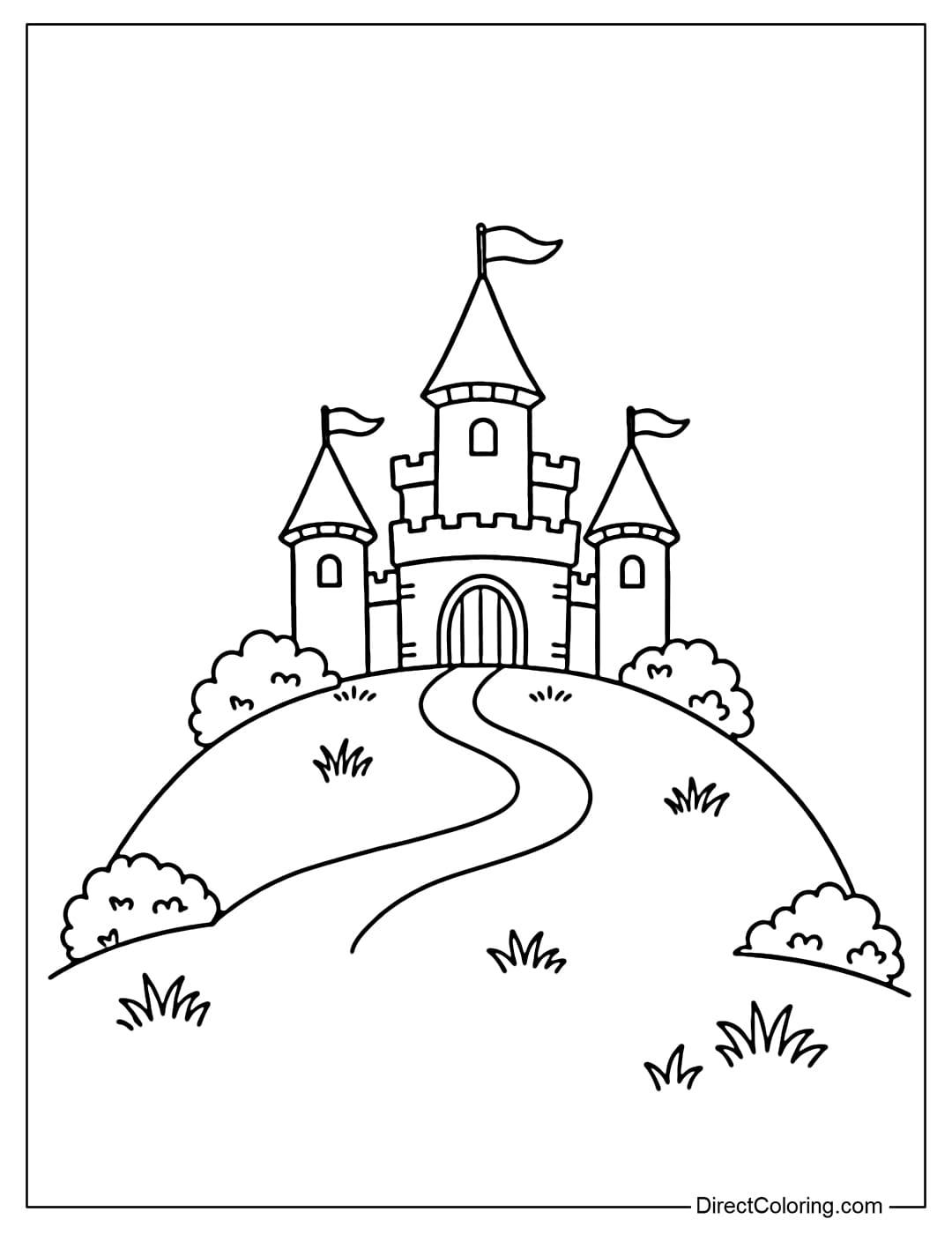 A coloring page of a small castle on a round hill with some simple bushes around it.