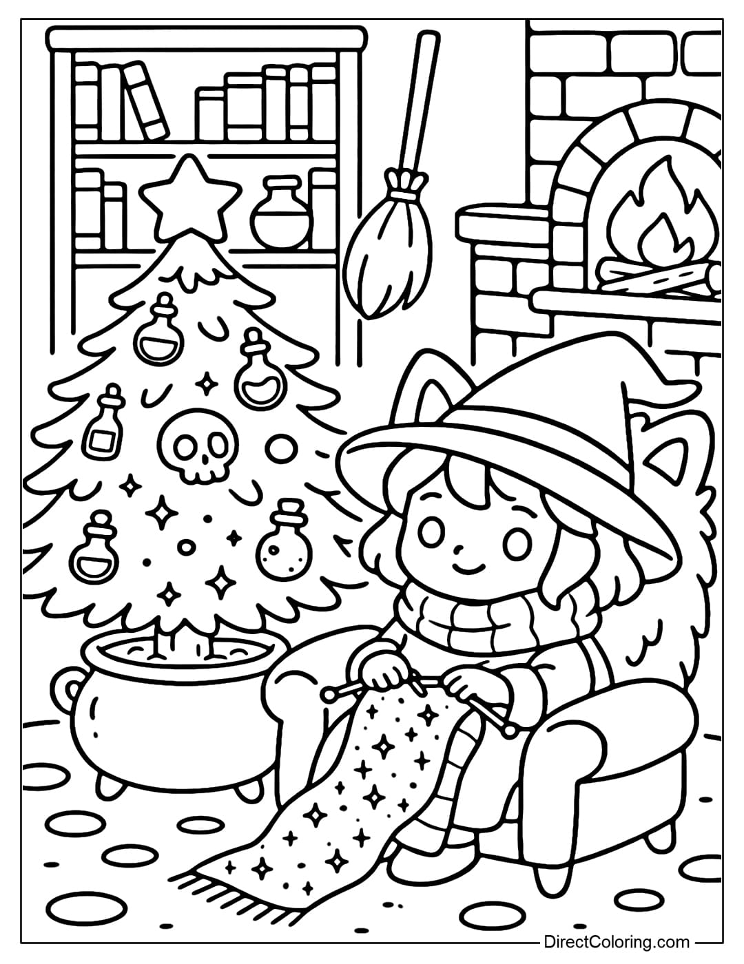 A little witch coloring page on Christmas Eve, a Christmas tree growing from a magic potion, decorated with a potion, a crystal skull, and a glowing ball.