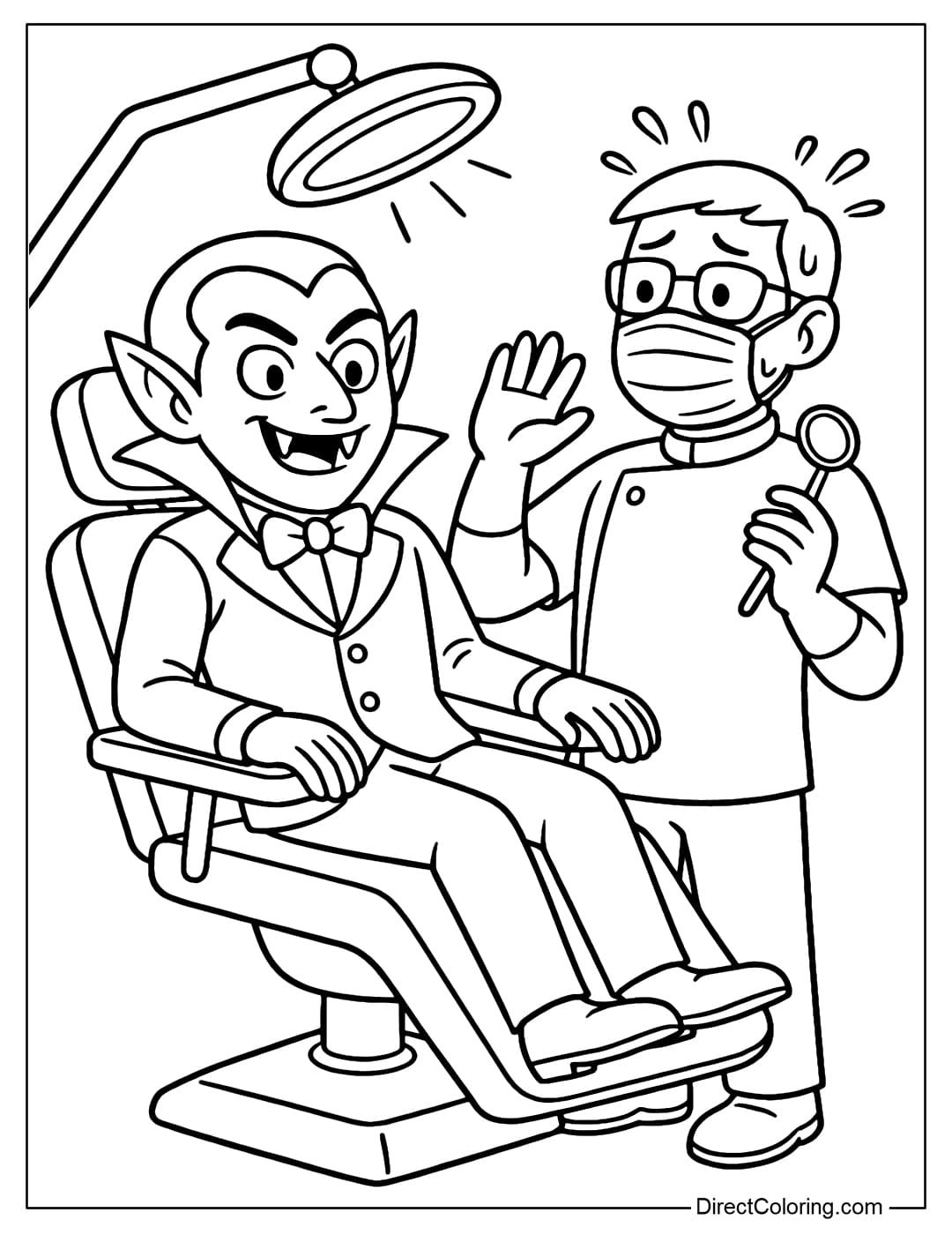 Funny Vampire Dentist Coloring Page A coloring page of a vampire sitting in a dentist's chair, the dentist is scared when he sees the sharp fangs.