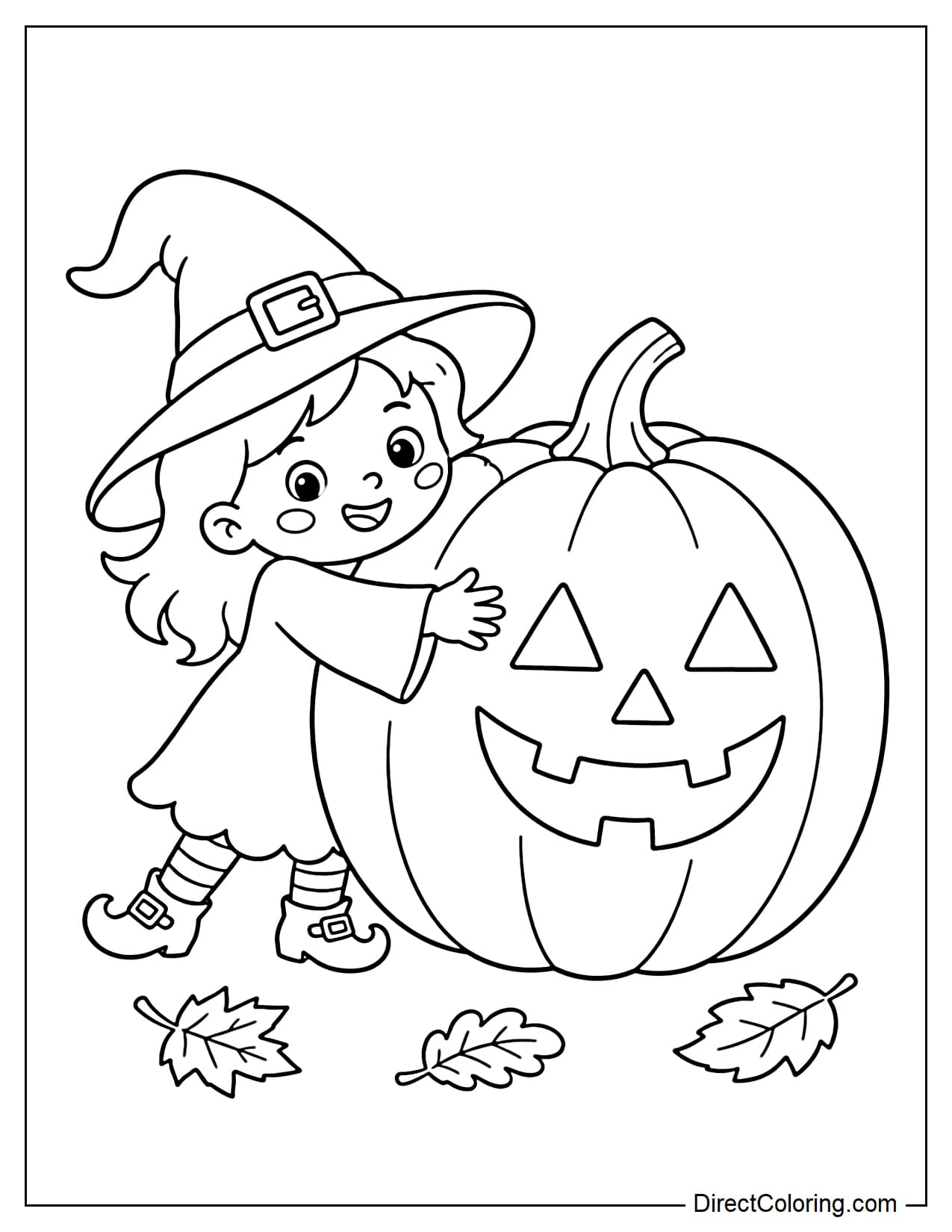 A little witch trying to hug a giant Halloween pumpkin almost as big as her body, with a few autumn leaves below.