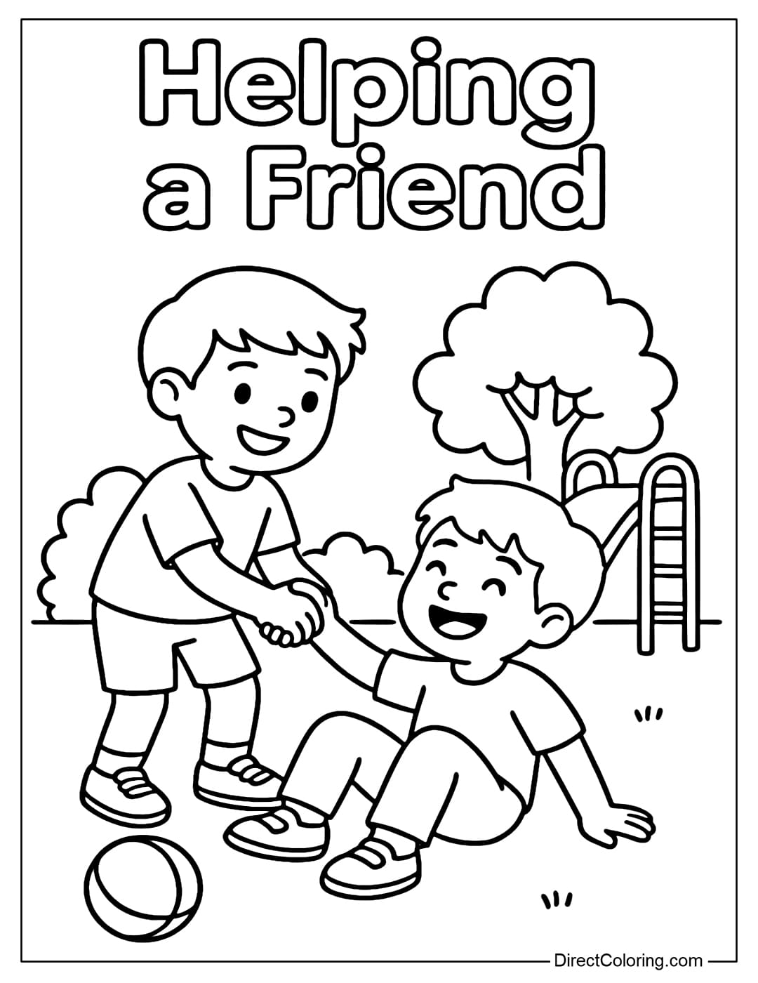 A coloring page of a little friend helping a friend who fell on the playground, both of them laughing happily.