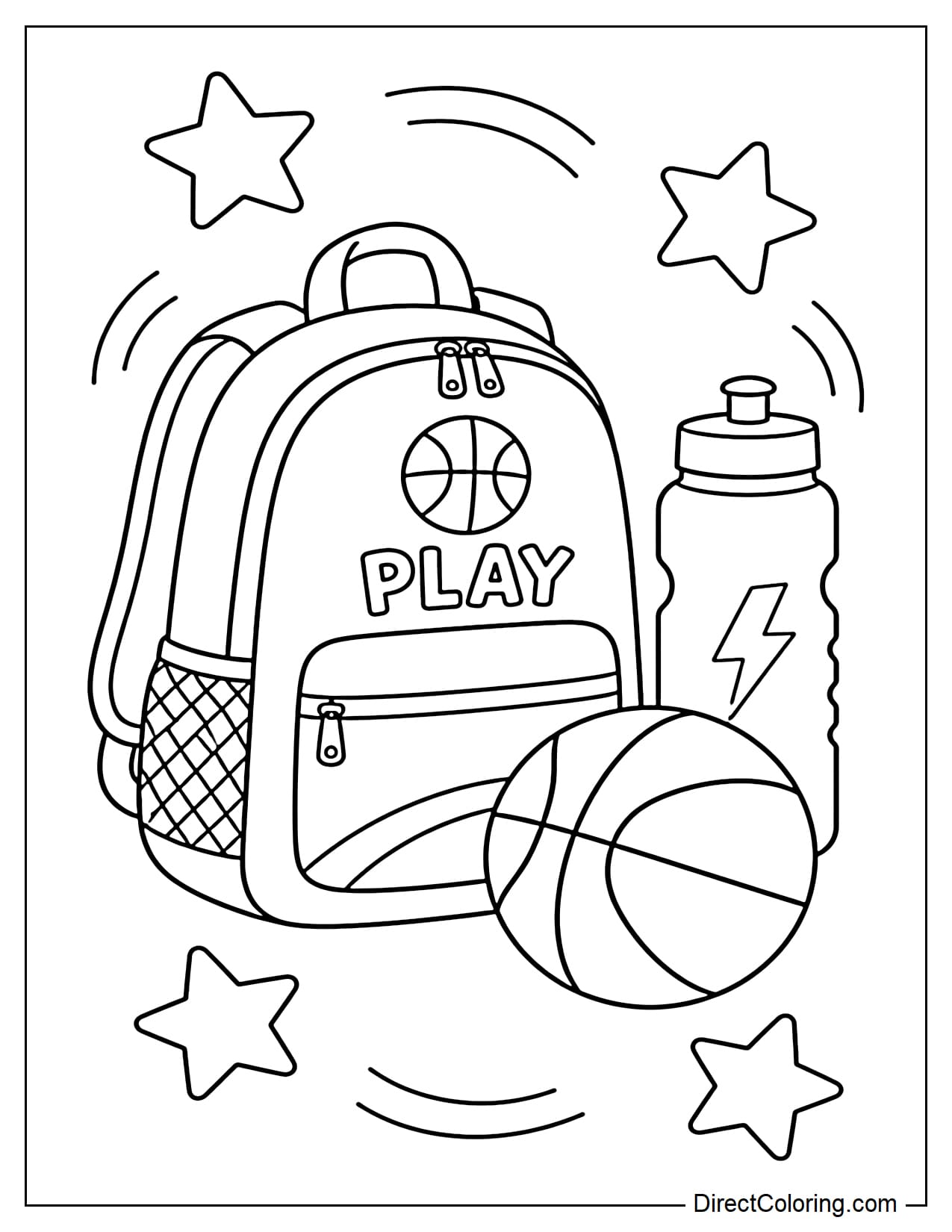 A sports backpack next to a basketball and a water bottle, surrounded by a few stars and curves.