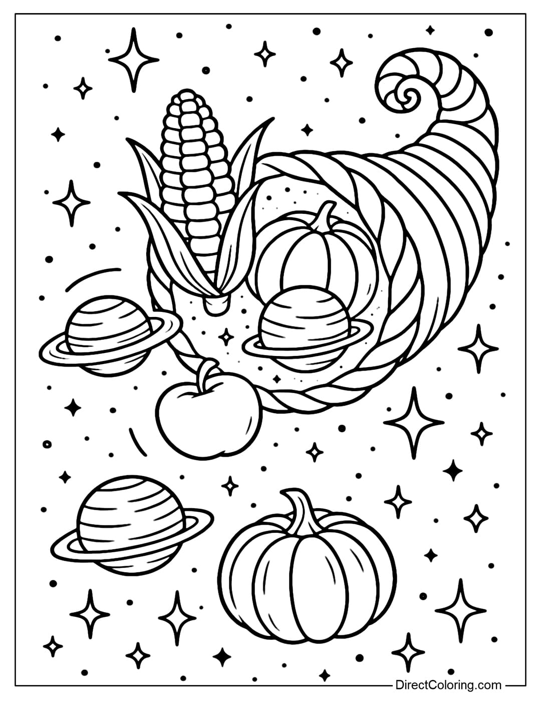 A coloring page of a giant cornucopia basket floating in the universe, pouring out corn, pumpkins, apples that turn into planets and stars.