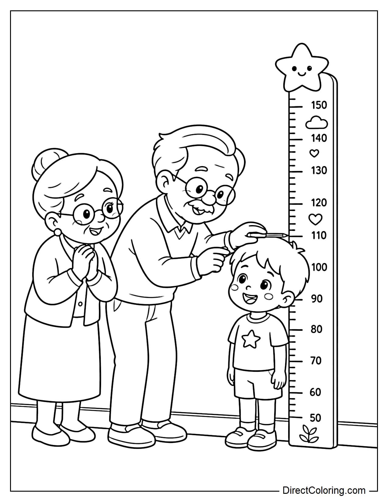Grandparents measure their grandchild's height using a large height chart attached to the wall.