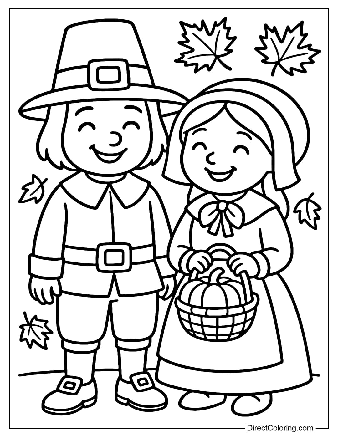 Coloring page of two Pilgrims standing side by side smiling happily. Both are wearing traditional costumes.