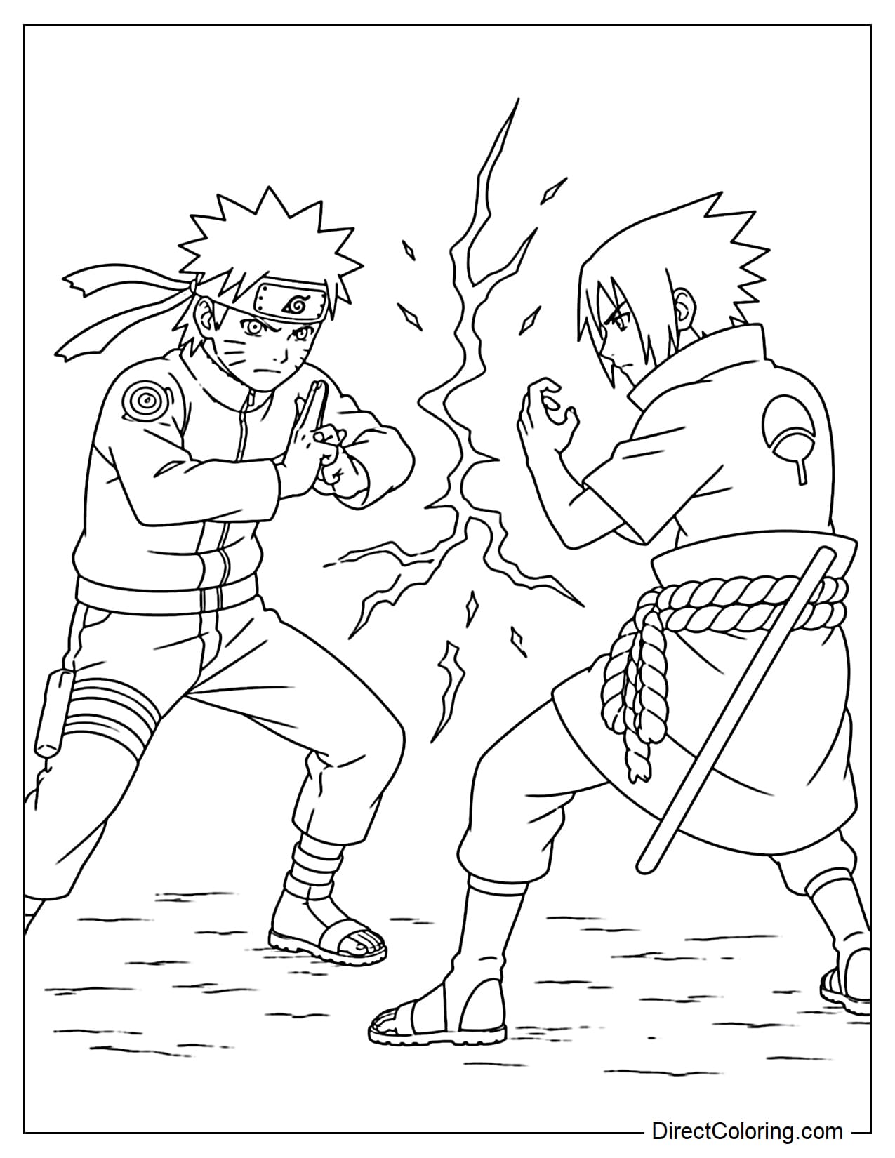 Naruto and Sasuke Uchiha stand facing each other in a battle stance, each making a characteristic hand gesture, with several energy lines between them.