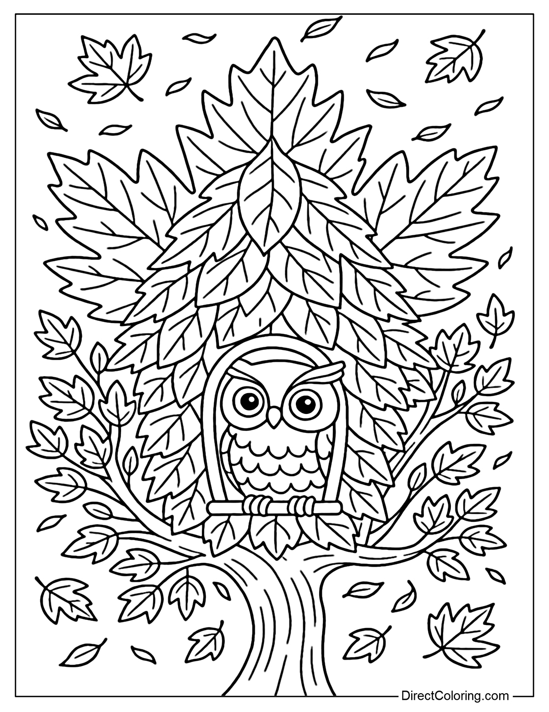 A coloring page of a cute owl sitting in front of a tree house made of stacked autumn leaves, a roof made of red-orange maple leaves, and branches covered with fallen leaves.