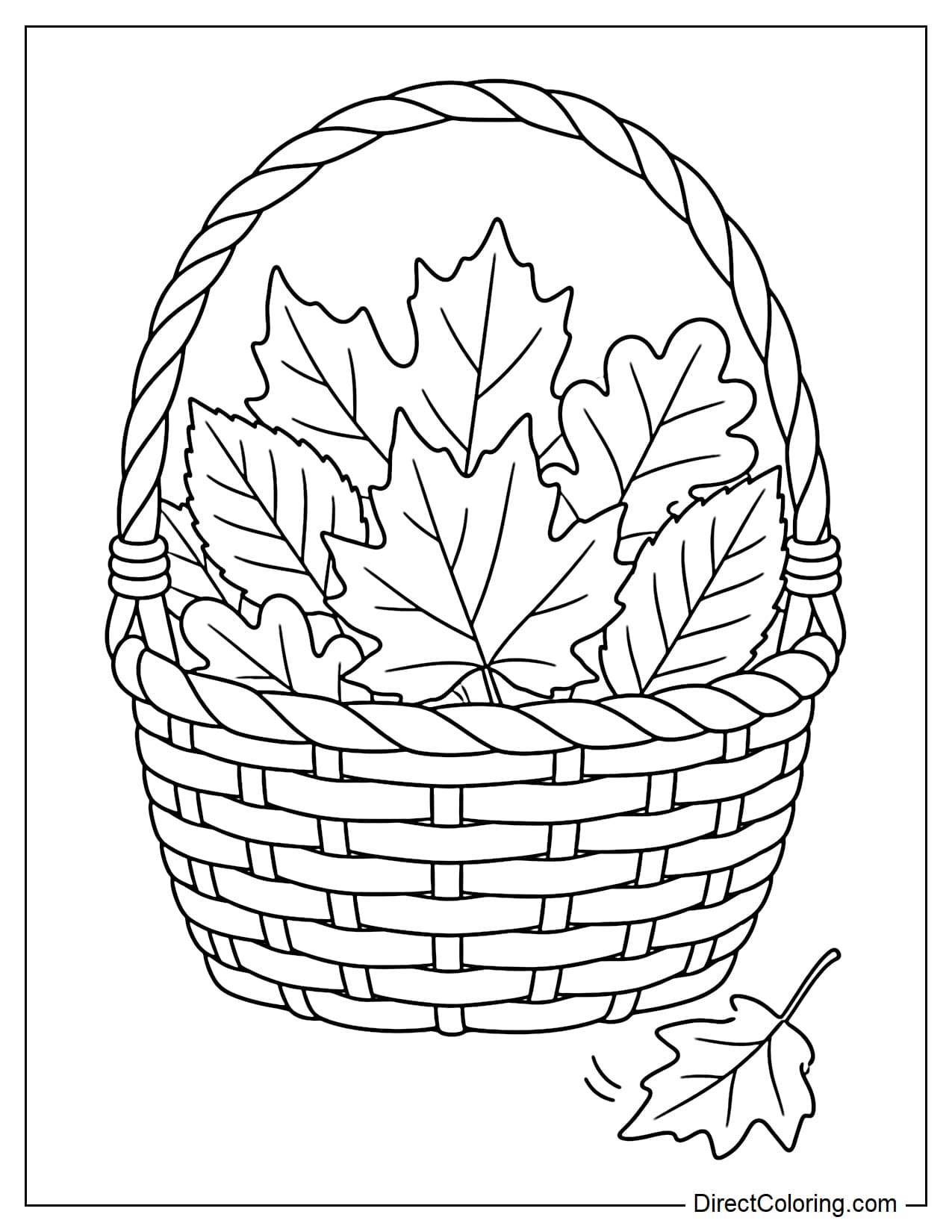 A large woven basket with a curved handle is filled with large autumn leaves in a variety of simple shapes.