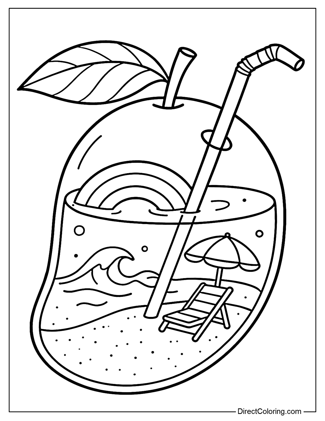 Mango Coloring Page contains mini sand, sun loungers, small umbrellas and ocean waves.