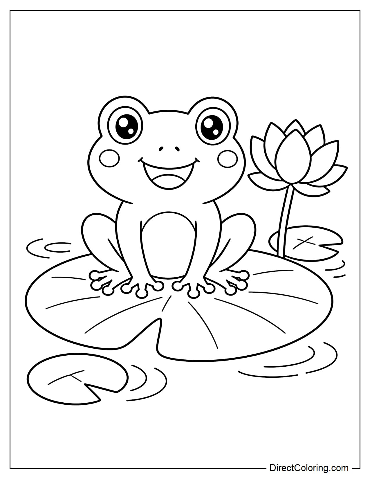 A cute frog is sitting on a large lotus leaf, with a happy smile on its face, surrounded by gentle ripples of water and a lotus flower.
