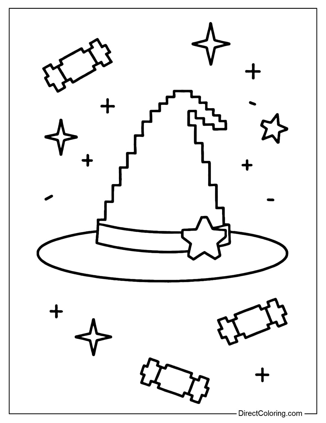 Pixel witch hat coloring page, folded hat border, with ribbon and pixel star, some pixel candy.
