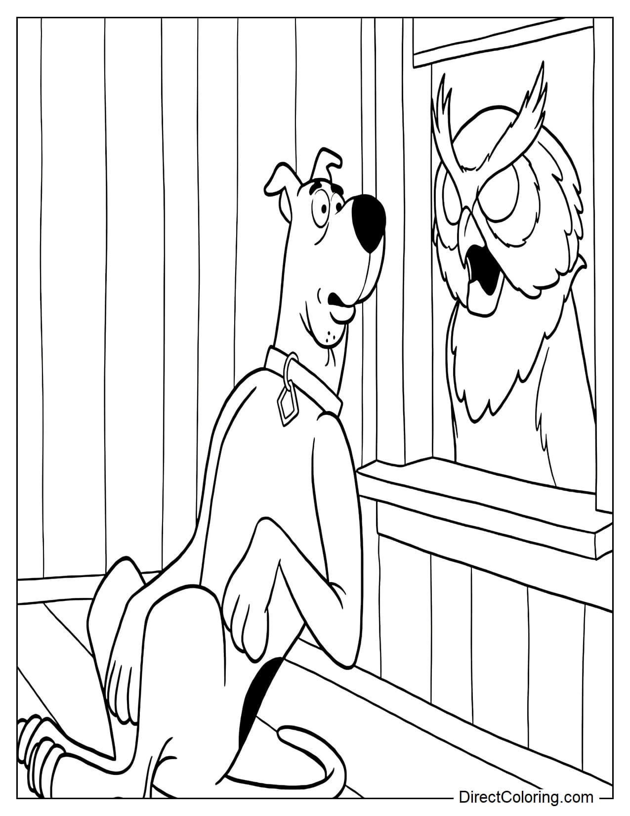 Scooby-Doo is sitting on a wooden floor with a surprised and frightened expression after suddenly seeing a large owl monster outside the window.