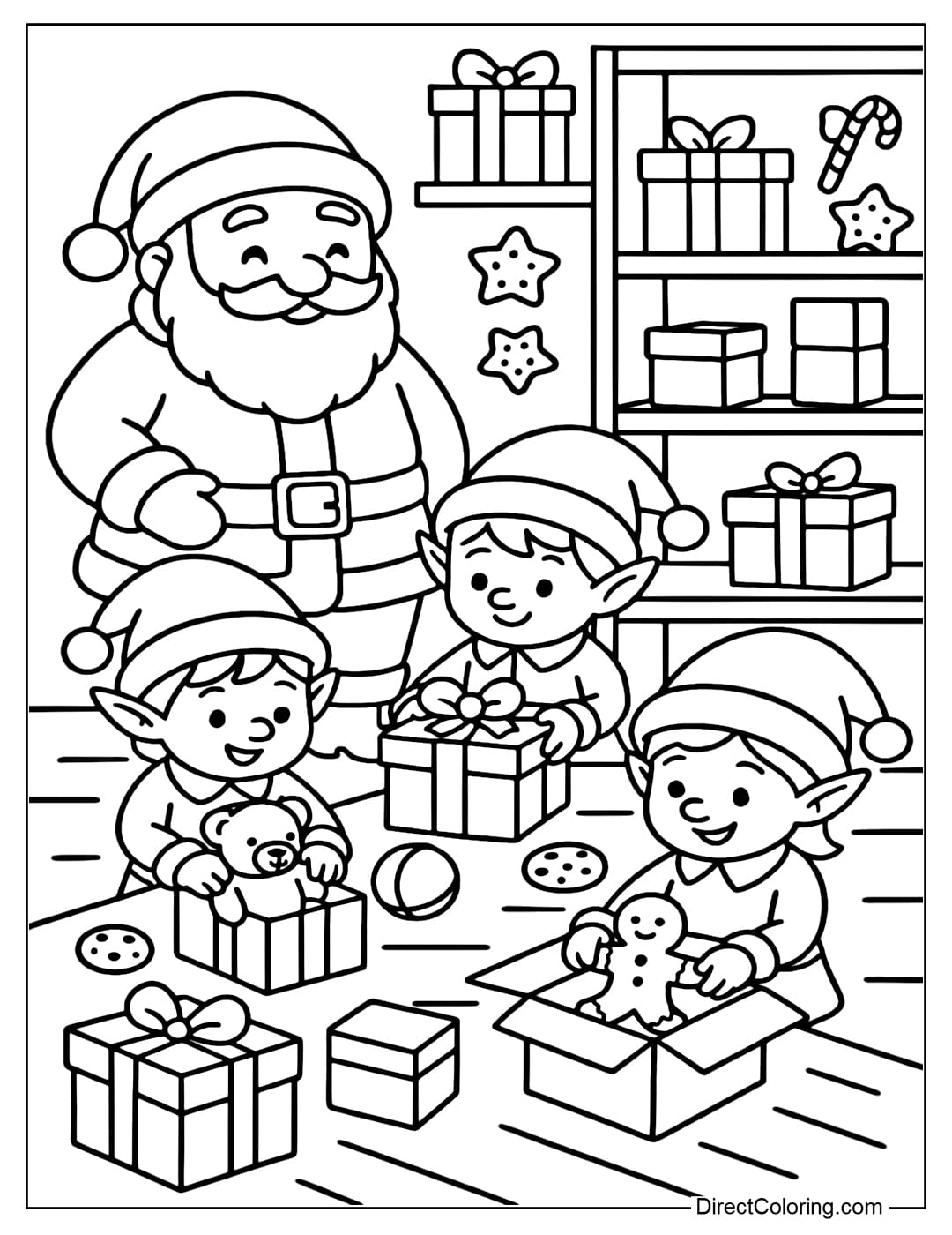 Santa and Little Elves Coloring Page Coloring page of Santa and the little elves wrapping presents, each elf carrying a different toy.