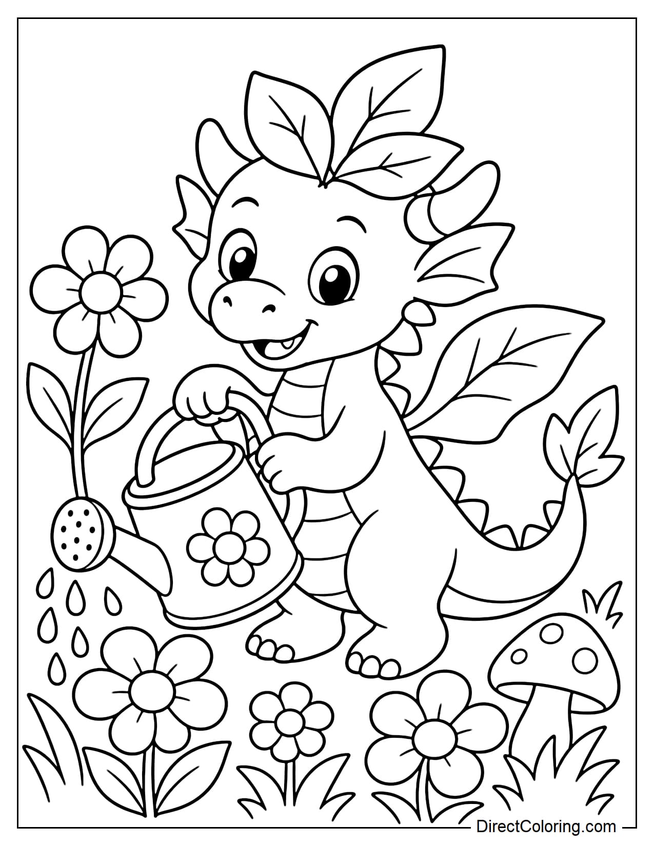 A forest dragon is watering flowers growing around its feet. It has a few large leaves on its head and tail, leaf-shaped wings, and mushrooms and grass around it.