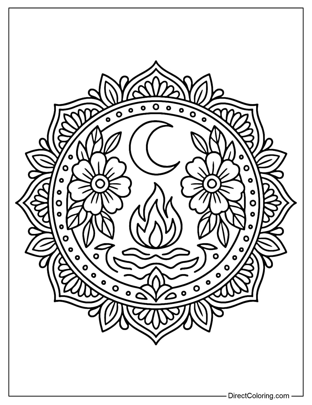 Coloring page of a Pagan mandala combining moon, flower, fire and water symbols.