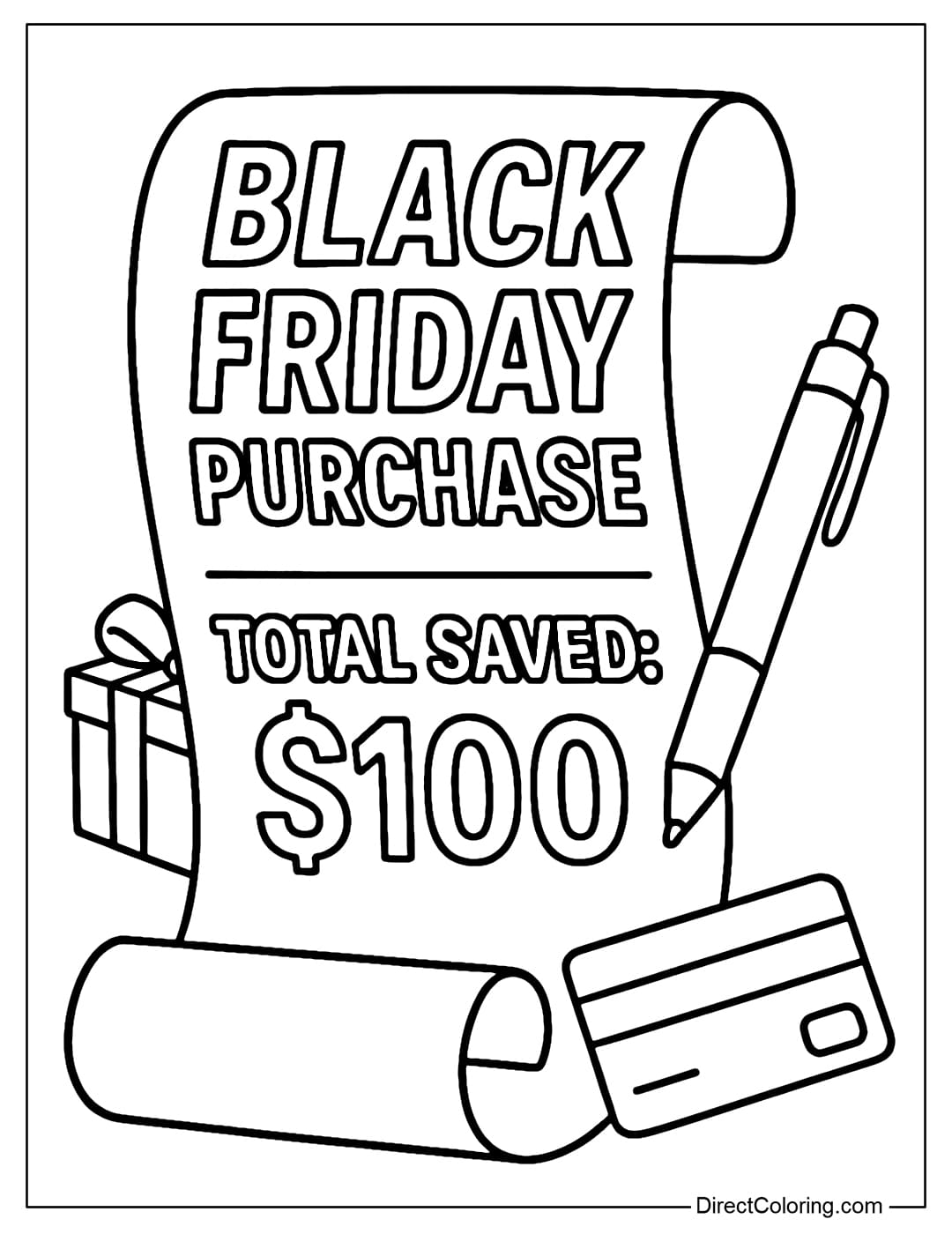 A long, rolled-up receipt coloring page, displaying the words 
