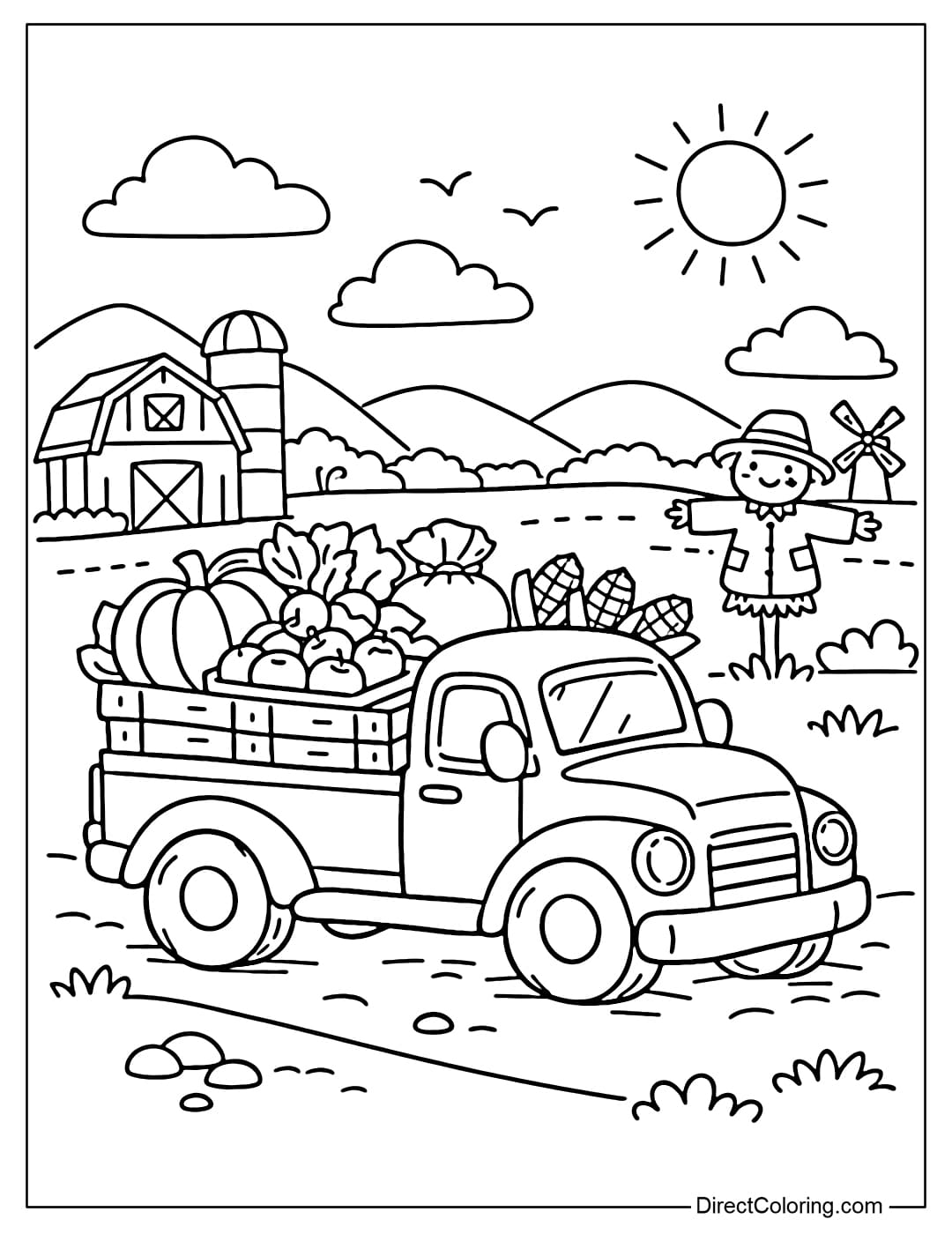 A simple coloring page of a farm truck carrying produce.