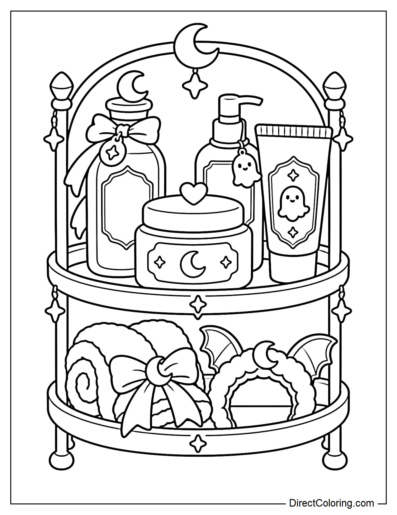 A cute two-tier witchy skincare shelf holds a large round night cream jar, a tall cleansing potion bottle, a pump serum, a soft face mask tube, a rolled hair towel, and a bat-ear headband.