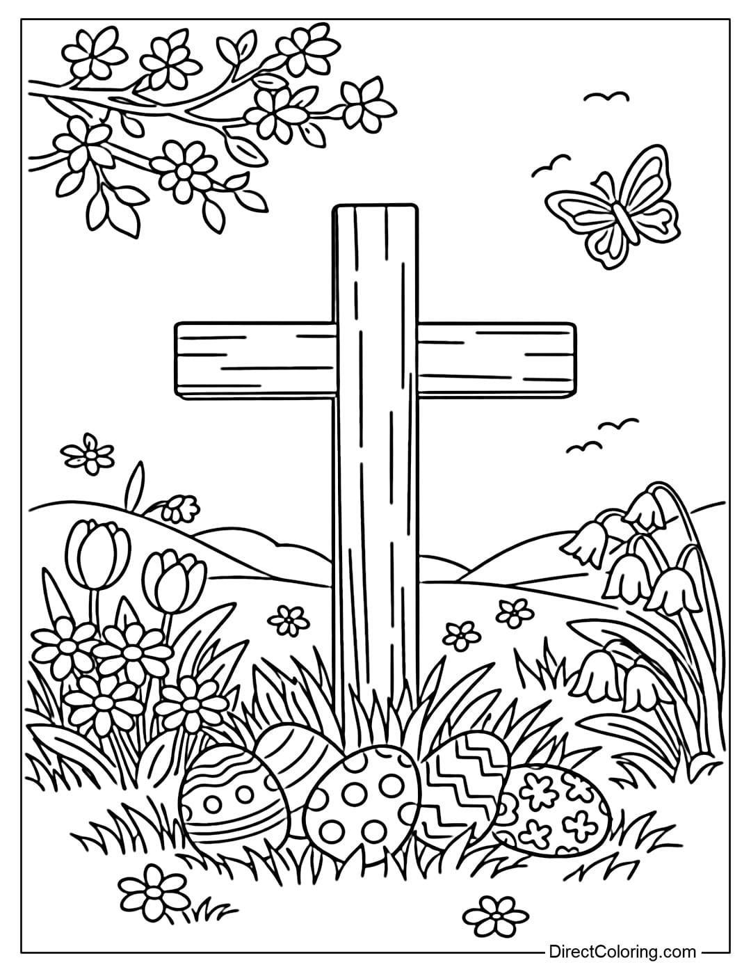 A coloring page of a cross standing in the middle of a spring garden with a few small Easter eggs on the grass.
