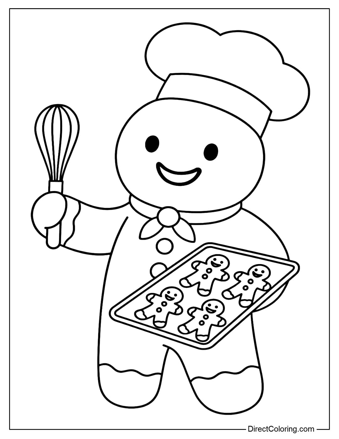 Coloring page of a gingerbread man chef wearing a white hat, holding a whisk and a tray of freshly baked cookies.