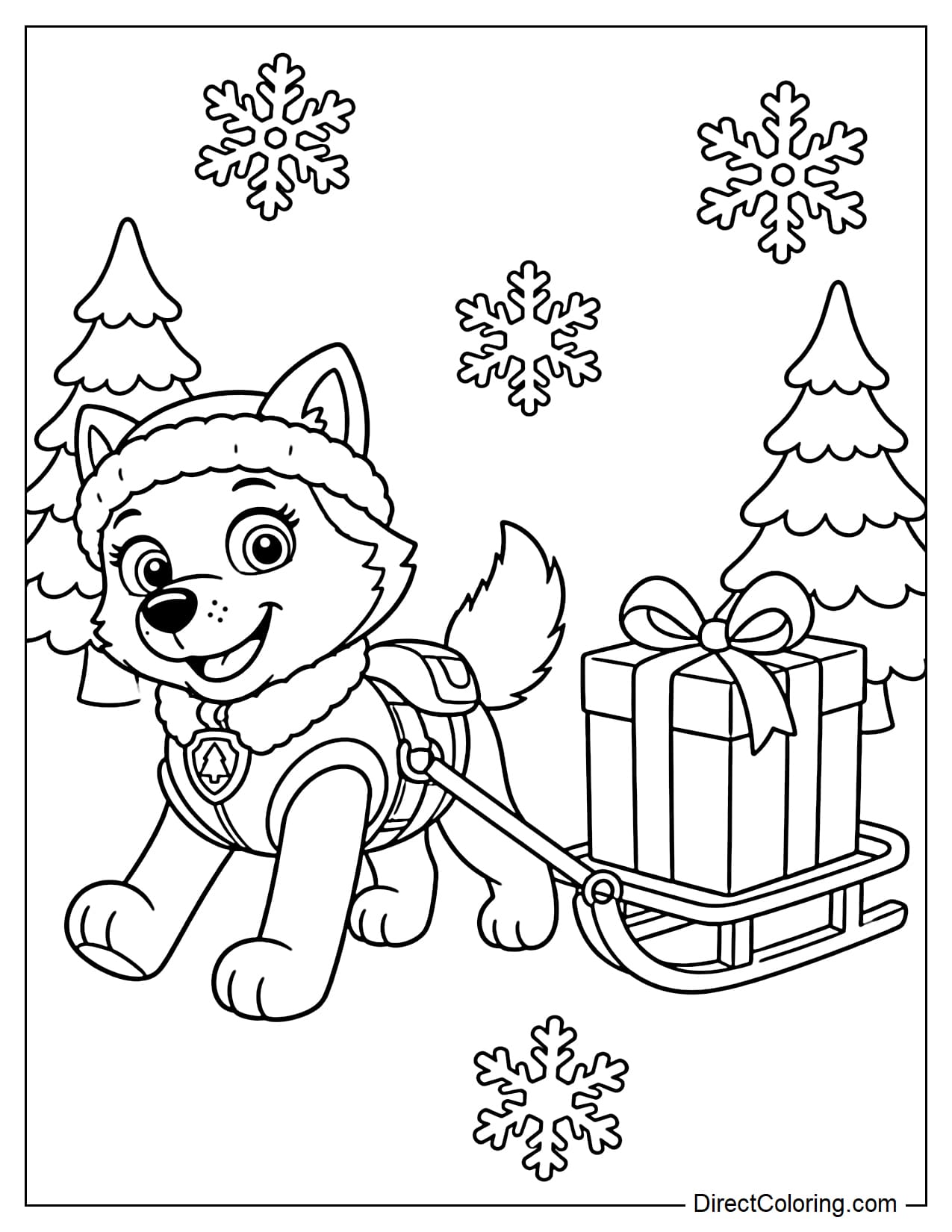 Everest pulls a cozy sled carrying a large gift box, surrounded by big snowflakes and a pine tree.
