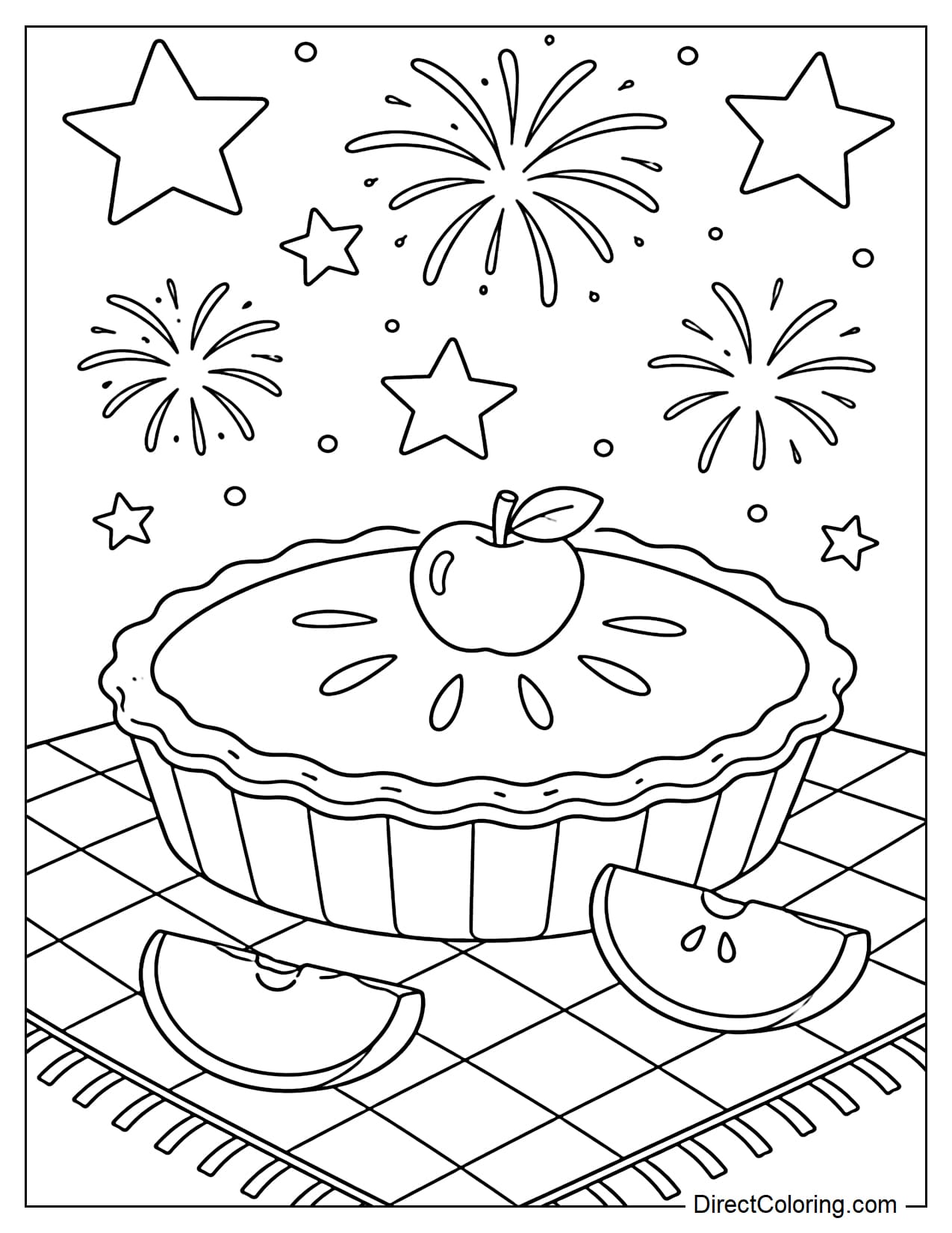 A large apple pie sits on a picnic blanket with a few simple apple slices, topped with large stars and gentle fireworks to create a 4th of July atmosphere.