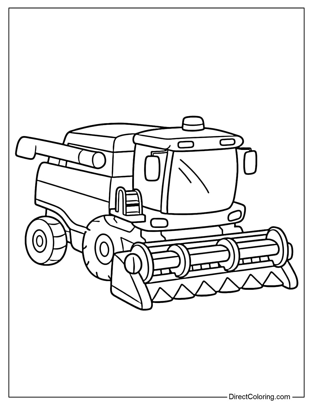 Coloring page of a combine harvester with large blocks and a simple front cutting section.