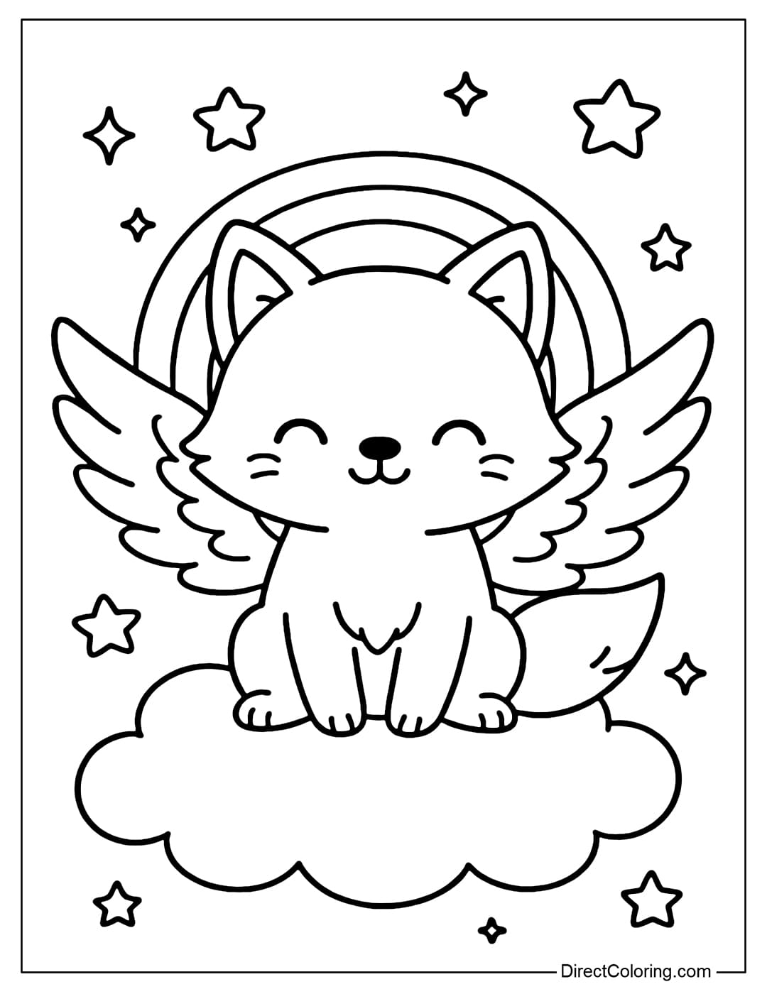 Coloring page of a fox in the clouds, with long wings like a bird, surrounded by a few stars and stylized rainbows.