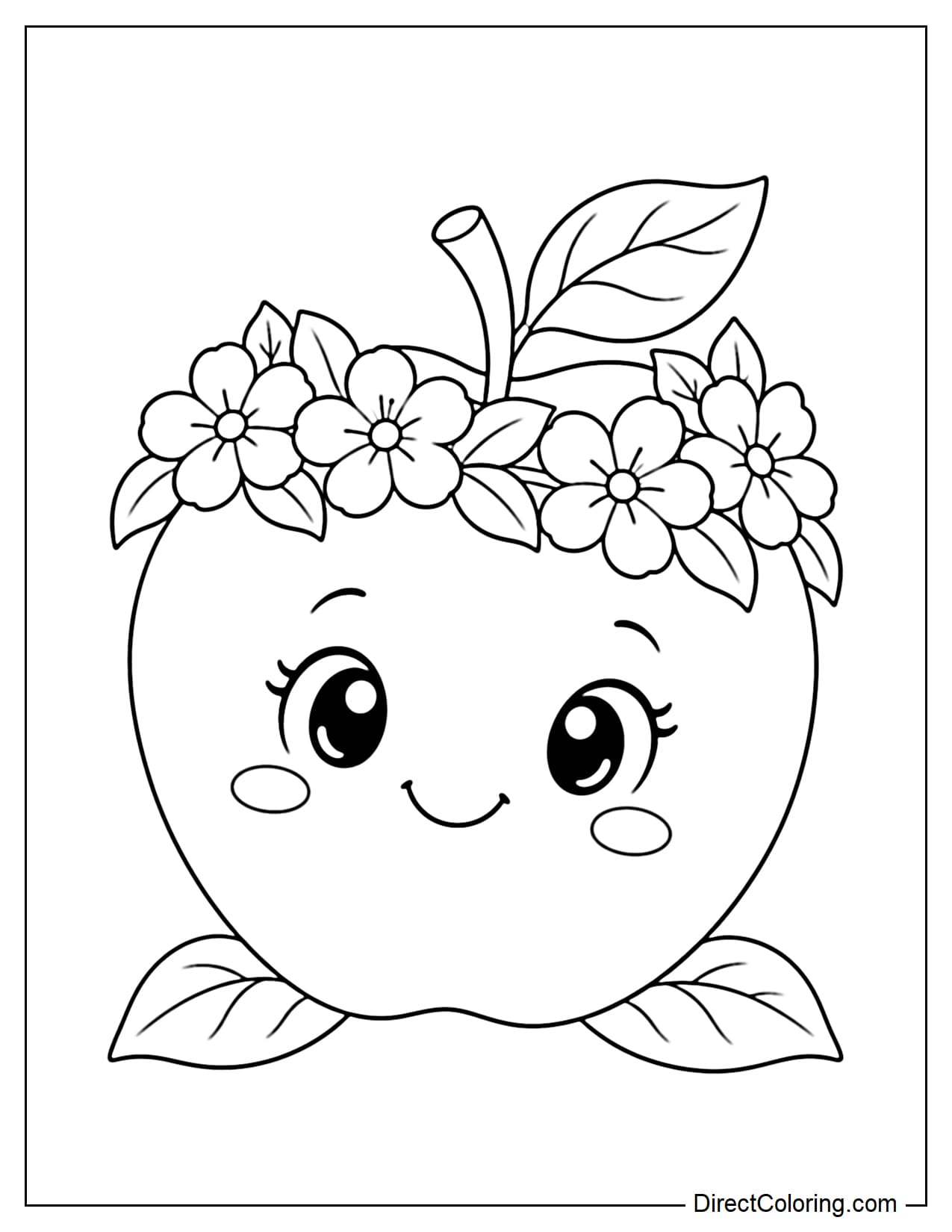 A cute apple wearing a flower crown around its stem, made of simple flowers mixed with a few leaves.
