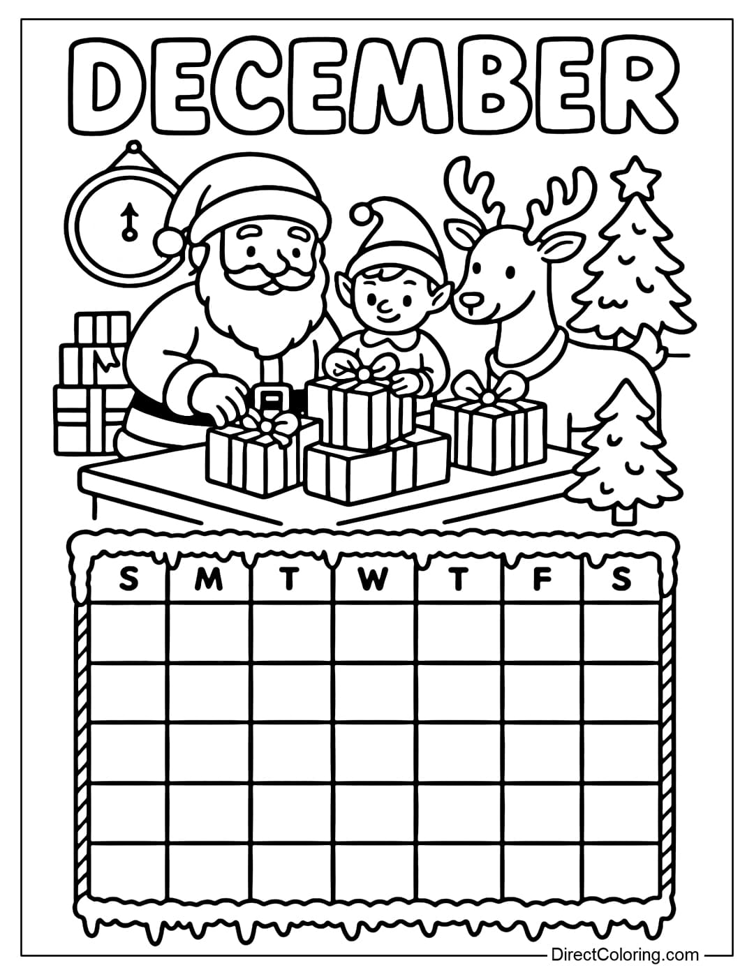 The December calendar coloring page is located below the title DECEMBER in large bubble letters, on top is a scene of Santa's workshop.