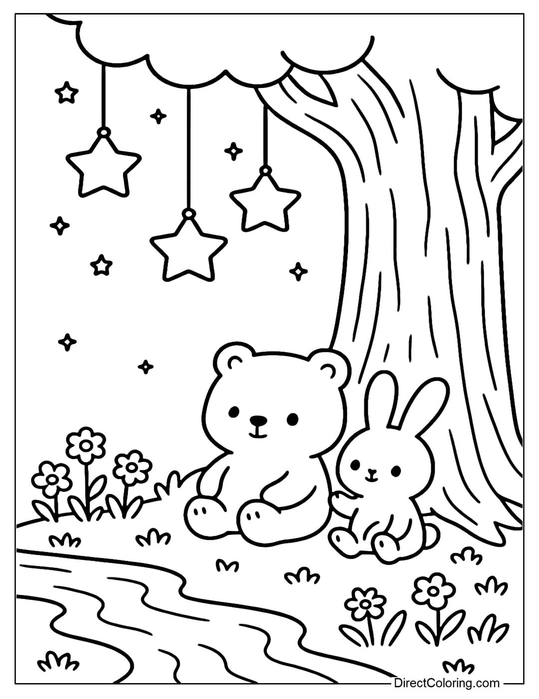 a coloring page of a little bear and his friend the rabbit sitting against a large tree, above which are hanging star-shaped lanterns