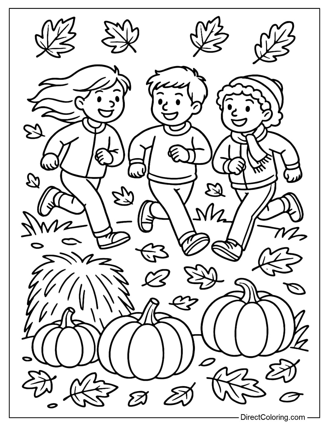 A group of children playing in the autumn field, surrounded by pumpkins, straw, and fallen leaves.