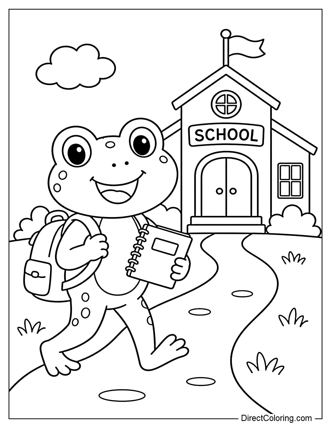 A frog wearing a backpack is happily walking down a small path, one hand holding a notebook, behind it is a simple school with a large gate and a small flag.