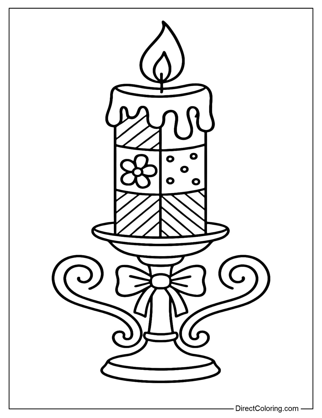 A burning Halloween candle coloring page with patchwork candlestick, melted wax, and a gothic candle holder.