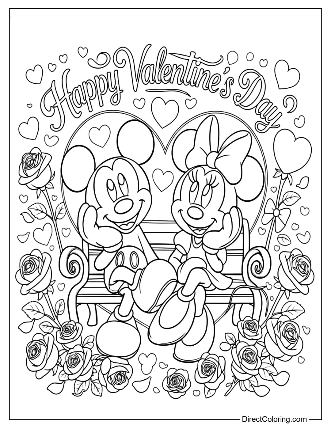 A coloring page featuring Mickey and Minnie sitting next to each other on a park bench, surrounded by hearts and roses, with the words 
