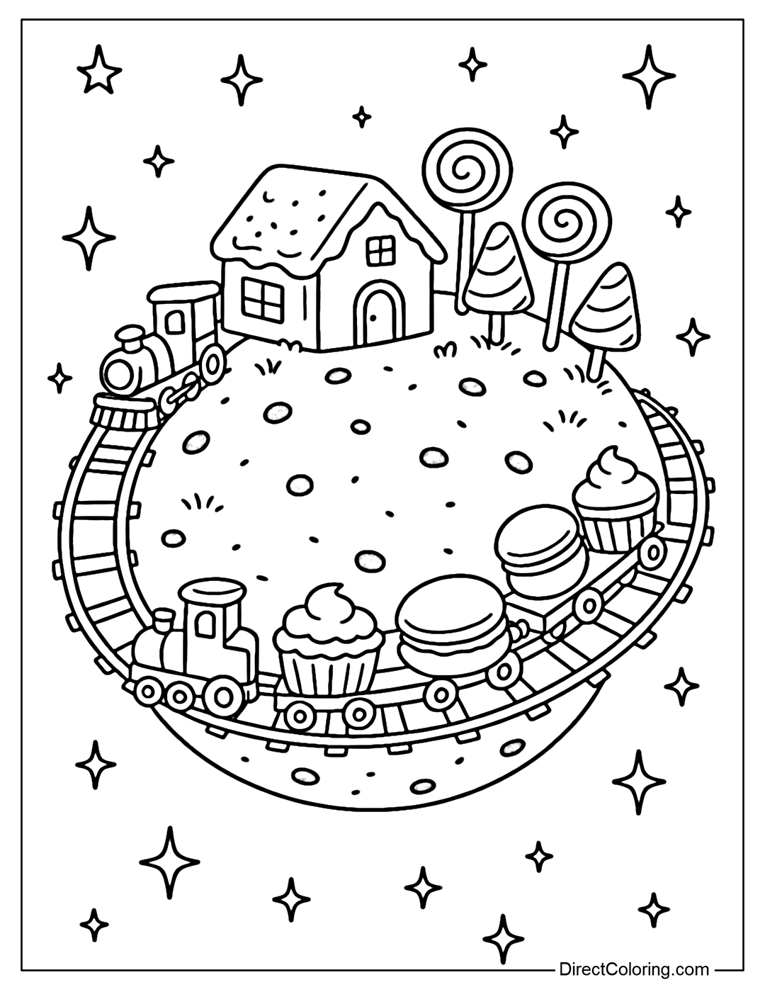 Giant cookie planet coloring page, on the surface there are houses and candy forests. The belt is a candy train running around, each car is a sweet treat such as cupcake, macaron, ice cream.