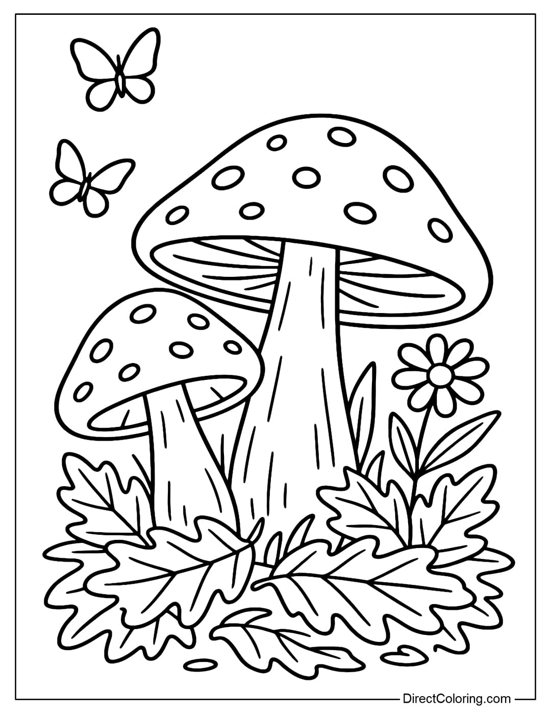 Mushroom with Autumn Leaves Coloring Page Coloring page of mushrooms with round caps, with small round spots. Around the mushrooms are autumn leaves and two butterflies flying.
