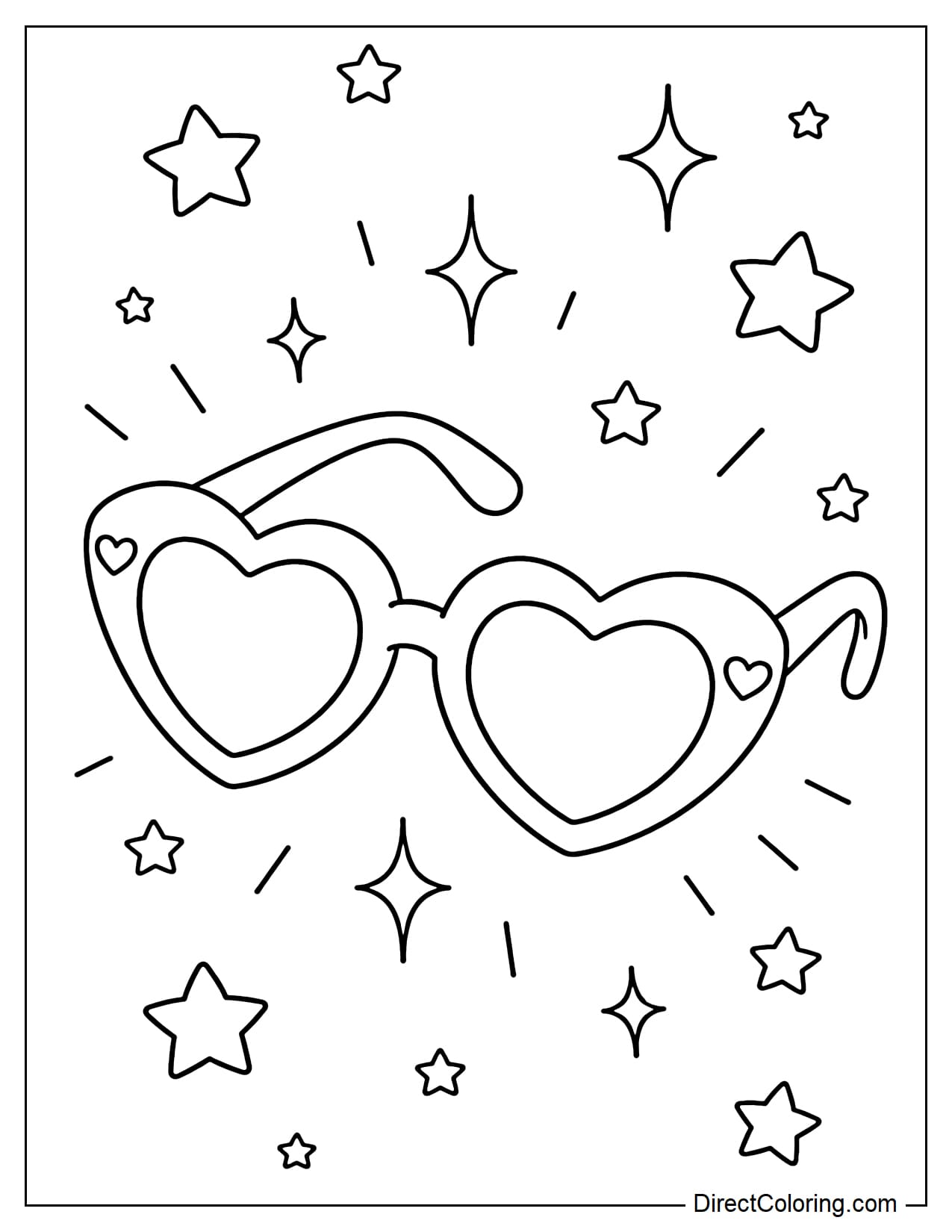 A heart-shaped pair of sunglasses surrounded by simple tiny stars and sparkles.