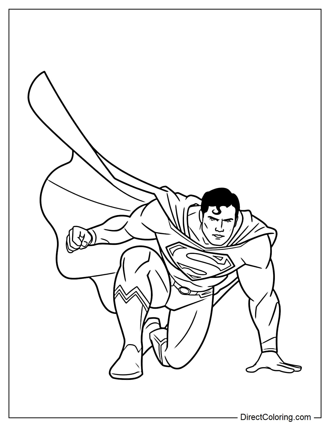 Superman lands on the ground with one knee touching the ground, his cape gently fluttering behind him.