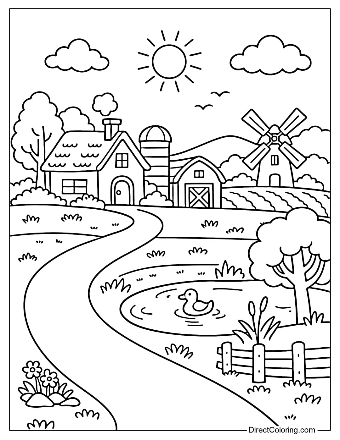 Coloring page for a simple countryside view with a house and trees.