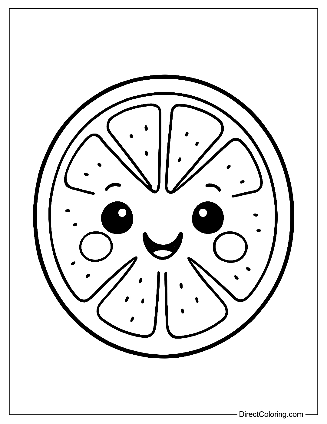 A lemon slice coloring page cut in half with a happy face and rosy cheeks.