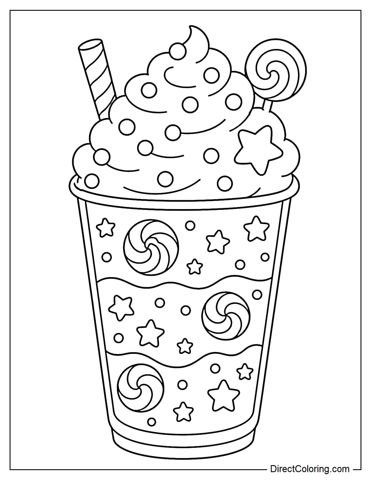 A multi-layered smoothie with a huge, soft cream layer resembling a cloud and small round candy toppings. The smoothie contains candy swirls and mini stars.