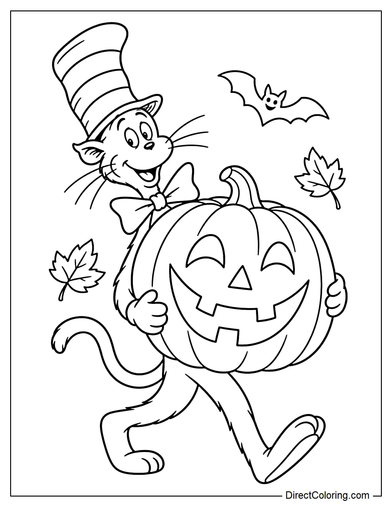 The Cat in the Hat walks along while hugging a giant jack-o'-lantern Halloween pumpkin in front of his belly.